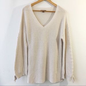 American Eagle Lace Up Sleeve V Neck Sweater Beige